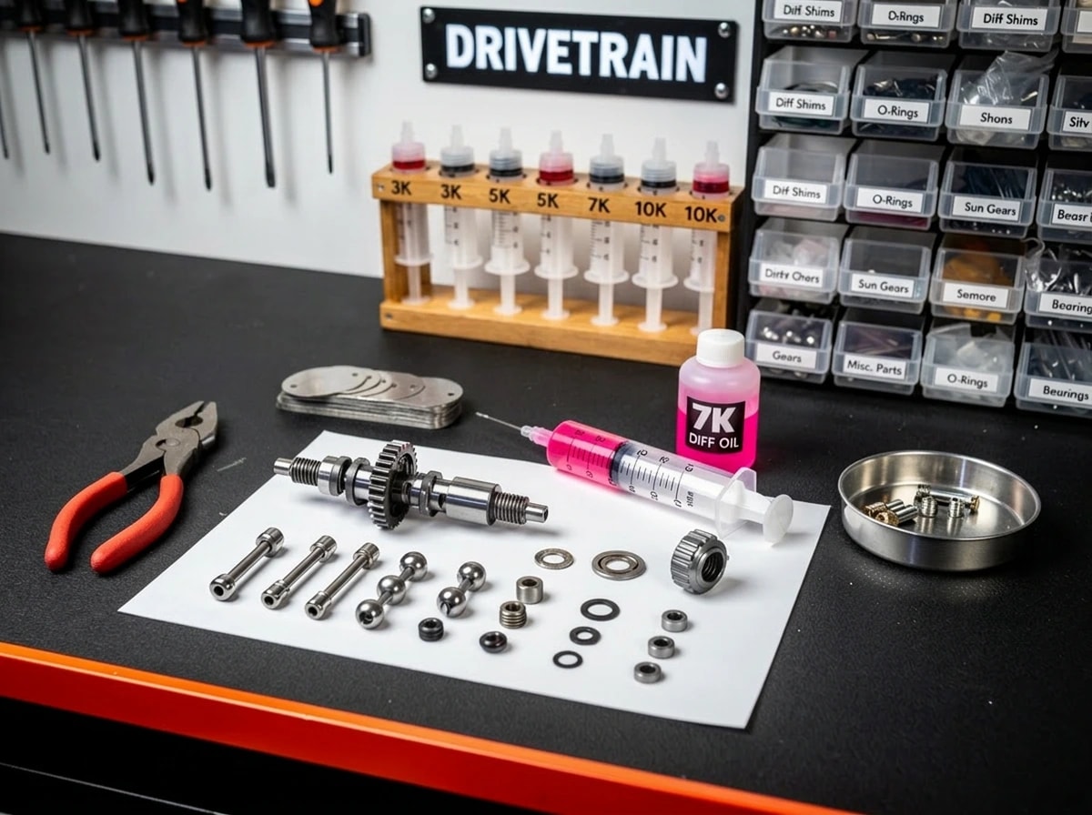 Drivetrain workbench inside a finished container: 1/8 buggy diff disassembled on a matte-black mat, graduated syringes drawing diff oil, apothecary oil library lined up by weight, iPad displaying the digital setup card.