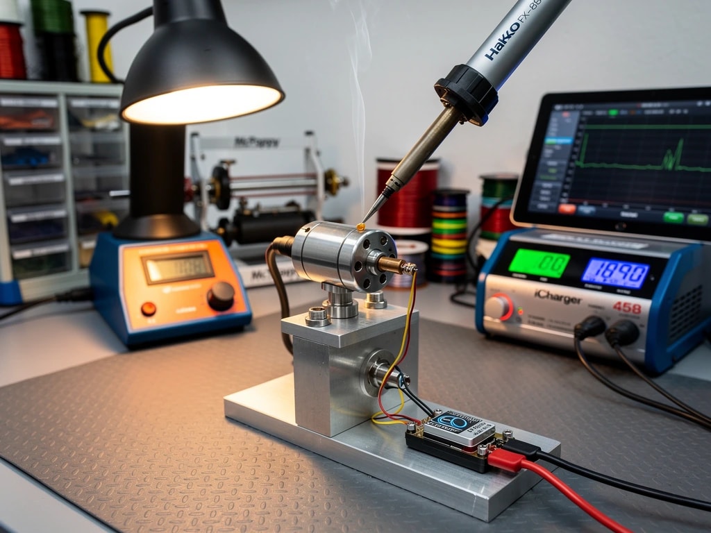 Electronics and motor workbench against a matte-white FRP container wall: brushless motor mid-solder on a fresh ESC, Hakko FX-888D iron at temperature, fume extractor hose pulling smoke from the joint, iCharger 458 Duo running a 4S LiPo charge, iPad showing the motor-dyno graph.