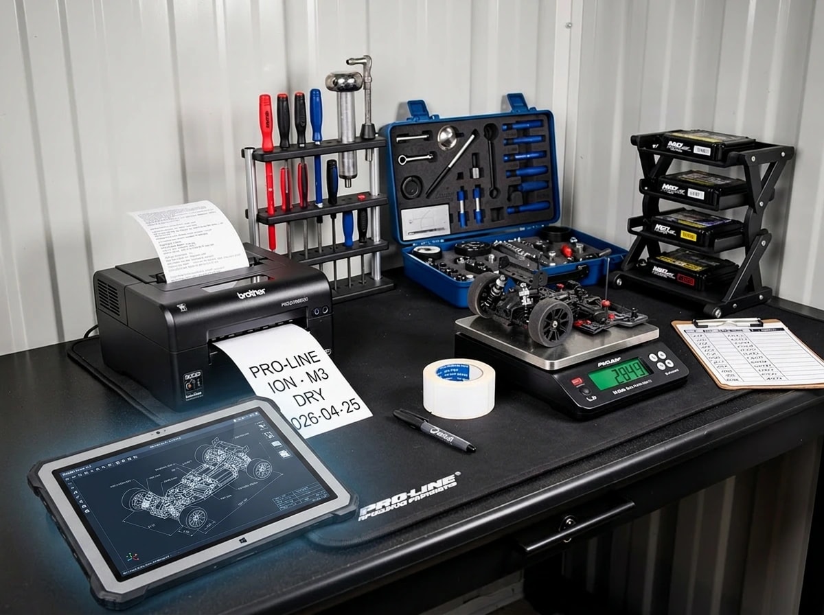 Pit organization workbench against a matte-white FRP container wall: Brother P-touch label printer mid-print, Yeah Racing YE-0031 digital pit scale weighing a chassis component, Hudy/ProTek tool tower with all hex drivers in their slots, 5S shadow board on the wall with white-painted tool silhouettes.