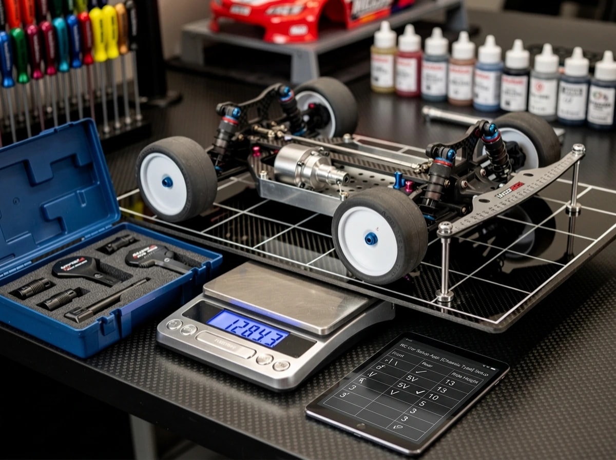 Suspension geometry workstation: 1/8 buggy chassis on a carbon-fiber setup board with ride-height pins, gauges in their open case, hex-driver tool tower behind.