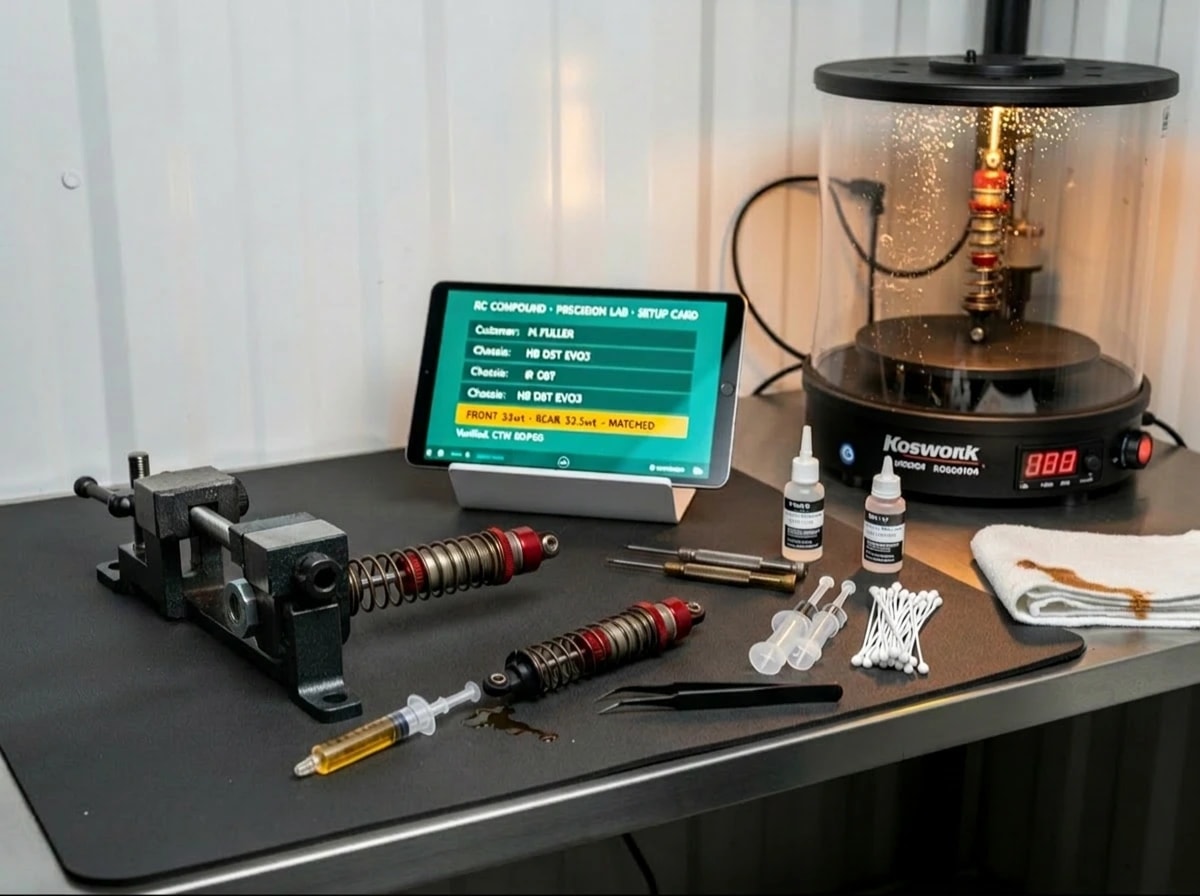 Shock service workbench against a matte-white FRP container wall: 1/8 shock in a build vise mid-rebuild with oil bead, Koswork vacuum pump under a clear bell pulling air out of a freshly-built shock, color-coded oil-bottle rack on the wall, CTW RD2 dyno in the back showing matched force curves, iPad on the bench with the shock-oil row of the setup card highlighted.