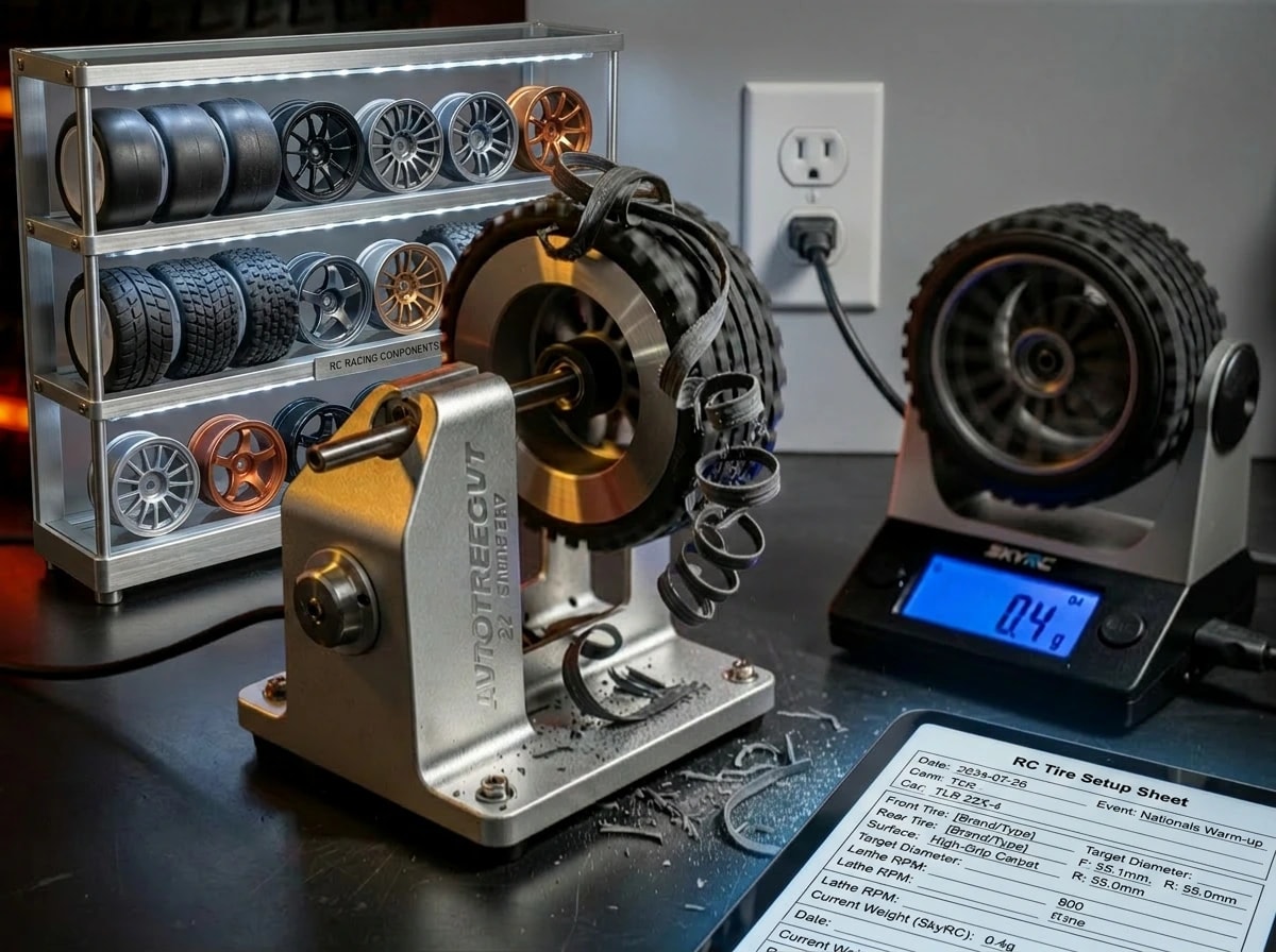 Tire prep workbench: 1/8 buggy tire mid-truing on the AUTOTRUECUT V2 with rubber spirals curling off the cutting head, balancer reading 0.4 g, warming belts wrapping a ready-stack in the background.